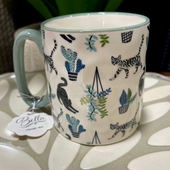 Black Cat & Tabby Cat With Cactus Bella Sage Ceramic Coffee Mug NWT - Picture 3 of 6